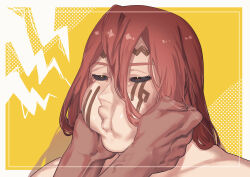 Rule 34 | 2boys, absurdres, black sclera, border, cheek squash, cheek tattoo, closed mouth, colored sclera, facial tattoo, forehead tattoo, gold tattoo, hair between eyes, half-closed eyes, hands on another&#039;s cheeks, hands on another&#039;s face, highres, lightning bolt symbol, long hair, male focus, multiple boys, nanako nuchitsu, puffy cheeks, red hair, shirtless male, shuumatsu no valkyrie, tattoo, thor (shuumatsu no valkyrie), upper body, veins, veiny hands, very long hair, white border, yellow background, yellow eyes