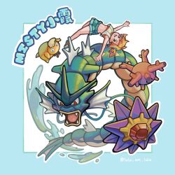 1girl :d asymmetrical_hair blue_eyes blue_shorts corsola crop_top fangs gen_1_pokemon gen_2_pokemon gyarados highres lulu_art_lulu midriff misty_(pokemon) nintendo open_mouth orange_hair outstretched_arms pokemon pokemon_lgpe ponytail psyduck red_eyes shirt shoes short_hair short_shorts shorts side_ponytail sleeveless sleeveless_shirt smile starmie tongue water white_shirt
