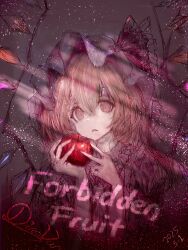 1girl apple blonde_hair crystal crystal_wings dinovan english_text flandre_scarlet food frown fruit hair_between_eyes hat hat_ribbon highres holding holding_food holding_fruit long_hair looking_at_viewer mob_cap red_eyes ribbon side_ponytail solo touhou upper_body wings