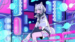 1girl animal_ears aqua_eyes arms_between_legs chain-link_fence feet_out_of_frame fence fishnets from_side half_updo kmnz looking_ahead medium_hair multicolored_hair nakazawa_ayami neon_lights neon_sign on_railing railing sleeves_past_wrists solo streaked_hair tail tina_(kmnz) turtleneck white_hair