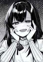 Rule 34 | 1girl, arknights, blush, crazy smile, diamond-shaped pupils, diamond (shape), frilled sleeves, frills, greyscale, hairband, hands on own cheeks, hands on own face, highres, long sleeves, looking at viewer, makigirisu, medium hair, monochrome, open mouth, priestess (arknights), shaded face, shirt, smile, solo, symbol-shaped pupils, turtleneck, turtleneck shirt, upper body, yandere trance