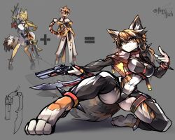 animal_ear_fluff animal_ears arknights artdeitech blonde_hair cat_ears cat_girl cat_tail furry furry_female gloves green_eyes grey_background gun highres knife long_hair multicolored_fur multicolored_hair orange_hair pulchra_fellini short_hair shorts striped_fur tail tiger_ears tiger_girl tiger_tail waai_fu_(arknights) weapon white_hair yellow_fur zenless_zone_zero