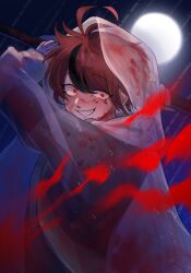 Rule 34 | 1boy, ahoge, black hair, blood, blood on clothes, blood on face, blood spray, commentary, constricted pupils, fang, full moon, grey jacket, grin, hair between eyes, highres, holding, holding weapon, hood, hood up, jacket, kualie xiaozhao, long sleeves, looking at viewer, male focus, moon, night, official alternate eye color, outdoors, rain, raincoat, red eyes, red hair, see-through clothes, see-through raincoat, short hair, smile, solo, spoilers, sumino takumi, the hundred line -last defense academy-, upper body, weapon