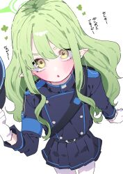 1girl absurdres blue_archive blue_shirt blue_skirt blush check_translation commentary from_above gloves green_hair green_halo halo hat highres hikari_(blue_archive) holding holding_unworn_clothes holding_unworn_hat long_hair long_sleeves looking_at_viewer momico_co open_mouth pantyhose pointy_ears shirt simple_background skirt solo translation_request unworn_hat unworn_headwear white_background white_gloves white_pantyhose yellow_eyes