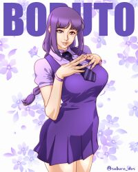 1girl absurdres boruto:_two_blue_vortex bracelet braid breasts copyright_name cowboy_shot dress floral_background hands_on_own_chest highres jewelry kakei_sumire large_breasts looking_at_viewer naruto_(series) necktie no_pupils pinafore_dress purple_dress purple_eyes purple_hair purple_necktie purple_shirt saburo_des shirt short_dress short_sleeves sidelocks sleeveless sleeveless_dress smile striped_necktie thighs twitter_username