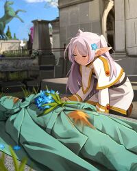 2girls absurdres black_robe blue_flower blush bouquet bronze capelet closed_eyes closed_mouth dress earrings fern_(sousou_no_frieren) flower flower_hairclip frieren grave graveyard grey_hair hair_flower hair_ornament highres himmel_(sousou_no_frieren) horse horse_statue jewelry khyle. long_hair long_sleeves multicolored_hair multiple_girls outdoors pantyhose parted_bangs pink_hair pointy_ears purple_hair robe rust solo_focus sousou_no_frieren standing statue teeth tomb twintails two-tone_hair white_capelet white_dress white_hair