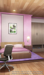 Rule 34 | bed, bedroom, blanket, book, ceiling light, copyright notice, drawer, highres, idols of starlight, indoors, lamp, nightstand, no humans, official art, ono tomohiro, painting (object), picture frame, pillow, rug, scenery, swivel chair, wardrobe, wooden ceiling, wooden floor
