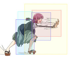 1girl black_jacket black_nails bocchi_the_rock! clenched_hands dress fighting_game geta green_dress hiroi_kikuri hitbox jacket nail_polish open_clothes open_jacket purple_hair shijou_hinako sleeveless sleeveless_dress solo sumo the_king_of_fighters thighs toenail_polish toenails torako_(toramaru) white_background