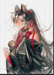 1boy alternate_costume animal_collar animal_ears bare_shoulders black_collar black_hair black_jacket blush border breath cat_boy cat_ears choker clenched_hand collar contemporary detached_sleeves earrings facial_mark flower hair_ornament hair_ribbon hairclip hand_on_own_neck heyoubuyou jacket jacket_partially_removed jewelry kemonomimi_mode long_hair long_sleeves looking_at_viewer male_focus modao_zushi off_shoulder ponytail red_eyes red_ribbon red_shirt ribbon shirt sketch solo trap upper_body wei_wuxian whisker_markings white_background