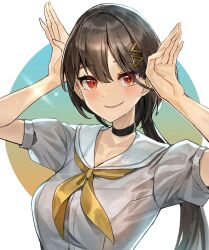1girl arms_up black_choker black_hair blue_background blush border breasts choker collarbone commentary gradient_background hair_ornament highres katsuragi_izumi link!_like!_love_live! long_hair looking_at_viewer love_live! medium_breasts neckerchief orange_eyes outside_border parted_lips popupi_12 puffy_short_sleeves puffy_sleeves rabbit_pose short_sleeves slit_pupils smile solo triangle_hair_ornament upper_body virtual_youtuber white_border wolf_cut yellow_background yellow_neckerchief