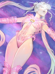 1girl adelheid_(moschiola) bishoujo_senshi_sailor_moon breasts closed_eyes commentary double_bun english_commentary hair_bun highres long_hair magical_girl medium_breasts multicolored_hair navel open_mouth pink_hair sailor_moon solo space star_(sky) transformation tsukino_usagi two-tone_hair very_long_hair white_hair