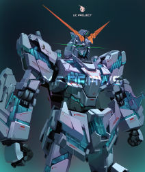 absurdres brayanong999 clenched_hands commentary commission english_commentary glowing glowing_eyes green_eyes gundam gundam_unicorn highres looking_up mecha no_humans nt-d photo-referenced robot solo unicorn_gundam upper_body watermark
