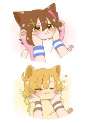 3girls ahoge animal animal_focus animalization brown_eyes brown_hair cat cheek_squash closed_eyes commentary_request fang hair_ornament hair_scrunchie hairclip heart highres hutaba idolmaster idolmaster_million_live! kasuga_mirai multiple_girls one_side_up orange_hair pink_scrunchie scrunchie short_hair sweatband white_background yabuki_kana