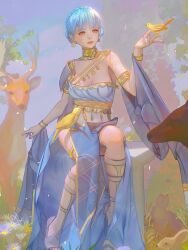1girl animal armlet bare_shoulders bird blue_dress blue_hair bracelet braid breasts brown_eyes cleavage crown_braid dancer dancer_(fire_emblem:_three_houses) deer dress earrings fire_emblem fire_emblem:_three_houses fire_emblem_heroes gladiator_sandals gold_belt highres irisl jewelry looking_at_viewer marianne_von_edmund marianne_von_edmund_(serene_adherent) marianne_von_edmund_(timeskip) medium_breasts nintendo official_alternate_costume pelvic_curtain rabbit sandals short_hair single-shoulder_dress smile solo thighlet