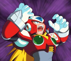 Rule 34 | 1boy, absurdres, android, armor, arms up, blonde hair, blue eyes, chest jewel, diegodoodles, dragon ball, dragonball z, energy sword, forehead jewel, gloves, helmet, highres, jewelry, long hair, mega man (series), mega man x (series), open mouth, parody, ponytail, purple background, red armor, red helmet, robot, robot ears, scene reference, screaming, shoulder armor, solo, sword, sword on back, teeth, upper body, vegeta, very long hair, weapon, weapon on back, white gloves, z saber, zero (mega man)