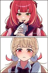 2girls alice_thymefield black_choker black_sailor_collar blonde_hair blush choker collared_shirt es030103010301 finger_in_another&#039;s_mouth fingerless_gloves gloves green_eyes hair_ornament heterochromia highres multiple_girls pom_pom_(clothes) pom_pom_hair_ornament sailor_collar shirt sweatdrop twintails ukinami_yuzuha upper_body white_shirt yuri zenless_zone_zero