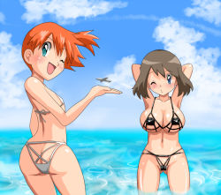 2girls aircraft airplane ass beach bikini blue_eyes blush breasts butt_crack cameltoe day flat_chest huge_breasts long_hair looking_at_viewer may_(pokemon) micro_bikini misty_(pokemon) multiple_girls nintendo ocean one_eye_closed orange_hair outdoors perspective pokemon pokemon_(anime) quinst red_hair short_hair side_ponytail smile swimsuit water wink