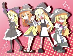 Rule 34 | 4girls, :d, :i, @ @, animal, apron, arm up, azusa (cookie), bags under eyes, black capelet, black coat, black footwear, black gloves, black hat, black skirt, black vest, blonde hair, boots, bow, bowtie, braid, breasts, brown footwear, buttons, capelet, closed mouth, coat, commentary request, cookie (touhou), eating, fang, fish, frilled skirt, frills, full body, glasses, gloves, hair bow, hat, hat ornament, hitsuji tamura, holding, holding animal, holding fish, holding microphone, kirisame marisa, leaning forward, long hair, looking at viewer, mars (cookie), mary janes, medium breasts, messy hair, microphone, multiple girls, mushroom, open mouth, orange eyes, orange hair, pantyhose, petticoat, pink background, pink bow, puffy short sleeves, puffy sleeves, purple bow, red-framed eyewear, red bow, red bowtie, red scarf, red star, rei (cookie), scarf, shaded face, shirt, shoes, short sleeves, side braid, single braid, skirt, skirt set, smile, socks, standing, star (symbol), star hat ornament, touhou, turtleneck, turtleneck shirt, uzuki (cookie), vest, waist apron, white apron, white bow, white gloves, white shirt, white socks, witch hat, yellow eyes