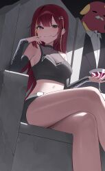 1girl absurdres akane_lize bare_legs bare_shoulders belt black_eyes black_shirt black_shorts breasts cleavage closed_mouth cocktail_glass crop_top cross cross_earrings crossed_legs cup detached_sleeves drinking_glass ear_piercing earrings feet_out_of_frame g_godocbaek hair_ornament hairclip highres holding holding_cup jewelry large_breasts long_hair looking_at_viewer midriff mole mole_on_cheek multicolored_hair pienna_(akane_lize) piercing red_hair see-through_cleavage see-through_clothes shirt short_shorts shorts sitting sleeveless sleeveless_shirt smile solo stellive stomach streaked_hair thighs throne torn_clothes torn_shorts virtual_youtuber