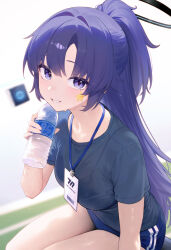 1girl 95_(jiuwujiang) black_halo blue_archive blue_buruma blue_eyes blue_hair blue_shirt blurry blurry_background bottle bra_visible_through_clothes buruma drone facial_mark half_updo halo highres holding holding_bottle looking_at_viewer mixed-language_commentary official_alternate_costume official_alternate_hairstyle parted_bangs shirt short_sleeves sitting smile solo solo_focus star_(symbol) star_facial_mark sweat thighs water_bottle yuuka_(blue_archive) yuuka_(track)_(blue_archive)