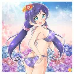 1girl adjusting_clothes adjusting_swimsuit ass bikini breasts butt_crack flower from_behind green_eyes happy_birthday highres large_breasts long_hair looking_at_viewer love_live! love_live!_school_idol_project low_twintails pink_scrunchie plaid_bikini plaid_clothes purple_bikini purple_flower purple_hair scrunchie side-tie_bikini_bottom solo swimsuit takecho tojo_nozomi twintails