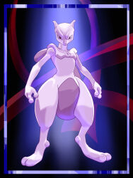 1boy artist_request black_background colored_skin gen_1_pokemon grey_skin highres legendary_pokemon looking_at_viewer mewtwo nintendo no_humans pokemon pokemon:_the_first_movie_-_mewtwo_strikes_back pokemon_(anime) pokemon_(classic_anime) pokemon_(creature) purple_eyes serious shaded_face simple_background solo standing tail white_skin