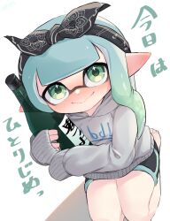 1girl :&gt; alcohol amakusa_setoka aqua_hair black_bow black_hairband blush bottle bow bow_hairband closed_mouth dolphin_shorts dot_nose drunk gradient_hair green_eyes green_hair grey_sweater hairband highres holding holding_bottle inkling inkling_girl inkling_player_character looking_at_viewer multicolored_hair nintendo seiza shorts simple_background sitting sleeves_past_wrists smile solo splatoon_(series) splatoon_3 star_(symbol) star_in_eye sweater symbol_in_eye translation_request two-tone_hair white_background