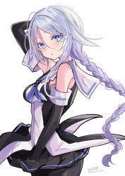 1girl absurdres black_gloves black_pants blue_eyes blush braid breasts cowboy_shot elbow_gloves gloves grey_hair highres hizaka kantai_collection long_hair looking_at_viewer mole mole_under_eye multiple_girls neckerchief pants school_uniform serafuku shirt signature single_braid skirt small_breasts smile solo twitter_username umikaze_(kancolle) very_long_hair