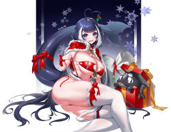 1girl absurdres ahoge ass bikini black_hair body_markings bow box breasts capelet cetacean_tail character_name cleavage clothing_cutout facial_mark fins fish_tail fur-trimmed_capelet fur_trim gift gift_box hair_ornament heart heart_ahoge heart_cutout highres holly_hair_ornament in_box in_container indie_virtual_youtuber large_breasts long_hair multicolored_hair orca_girl pellpt purple_eyes red_capelet red_ribbon ribbon sack shylily smile snowflakes streaked_hair swimsuit tail tail_bow tail_ornament thighhighs undone_bikini virtual_youtuber white_hair white_thighhighs wrist_ribbon