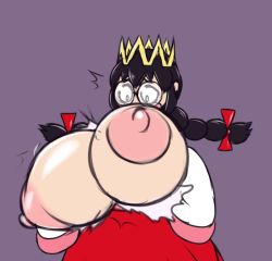 1girl ^^^ alternate_breast_size bad_id bad_tumblr_id black_hair blush_stickers bouncing_breasts bow braid breasts breasts_out bright_pupils bursting_breasts constricted_pupils cowboy_shot crown female_focus furrowed_brow glasses hair_bow highres huge_breasts huge_nipples kirby_(series) kirby_64 large_areolae long_hair long_sleeves looking_at_breasts metachoke motion_lines nintendo nipples no_nose pink_sailor_collar puffy_areolae purple_background queen red_bow red_skirt rimless_eyewear ripple_star_queen sailor_collar shirt simple_background skirt sleeves_past_fingers sleeves_past_wrists solo standing torn_clothes torn_shirt twin_braids unaligned_breasts wardrobe_malfunction white_pupils white_shirt