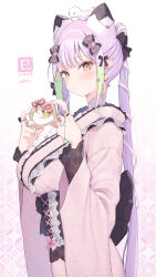 1girl absurdres animal_ears artist_name black_ribbon chinese_zodiac cloba earrings hair_ribbon highres japanese_clothes jewelry kimono long_hair looking_at_viewer nail_polish obi original patterned_background pink_hair pink_kimono ponytail ribbon ring sash sidelocks signature snake snake_on_head solo standing very_long_hair white_background year_of_the_snake yellow_eyes