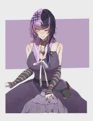 Rule 34 | 1girl, absurdres, black arm warmers, black choker, black dress, black hair, black nails, breasts, choker, cleavage, dress, highres, hololive, hololive english, huge breasts, jewelry, looking at viewer, mei puru29, multicolored hair, one eye closed, purple hair, ribbon, ring, shiori novella, shiori novella (1st costume), solo, split-color hair, striped arm warmers, two-tone hair, virtual youtuber, white ribbon, yellow eyes