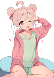 1girl ;d absurdres ahoge araimelon bare_legs brown_eyes commentary double_bun english_commentary green_shirt green_shorts hair_bun hand_up heart highres jacket long_sleeves looking_at_viewer one_eye_closed onii-chan_wa_oshimai! open_mouth oyama_mahiro pink_hair pink_jacket shirt shorts simple_background sitting smile solo white_background
