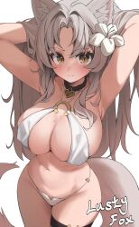 1girl 3: absurdres animal_ears armpits arms_behind_head arms_up bare_shoulders bikini black_choker breasts brown_eyes choker cleavage closed_mouth commission covered_erect_nipples cowboy_shot eun_soyeon_(lustyfox) flower fox_ears fox_girl fox_tail frown grey_hair hair_flower hair_ornament halterneck hands_in_hair heart heart_choker highres kiro_(kirotayu) large_breasts long_hair looking_at_viewer mole mole_on_breast mole_on_thigh navel original parted_bangs second-party_source simple_background skindentation solo standing stomach string_bikini swimsuit tail thigh_strap thighs v-shaped_eyebrows very_long_hair white_background white_bikini