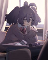 ahoge antenna_hair black_hair bottle cardigan classroom desk freckles grey_eyes hair_between_eyes highres iron-chan_(mushita_iron) jimiko long_hair looking_at_viewer mushita_iron original pencil_case sanpaku school_uniform thick_eyebrows twintails water_bottle window