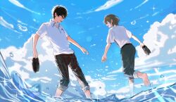 2boys absurdres akechi_gorou amamiya_ren black_hair brown_hair closed_eyes cloud cloudy_sky fsmaichobpeg0 glasses hair_between_eyes highres male_focus multiple_boys ocean persona persona_5 shirt short_hair sky smile white_shirt