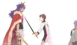 2boys absurdres aegislash cape closed_mouth commentary_request crown dynamax_band eye_contact facial_hair fur-trimmed_cape fur_trim gen_6_pokemon highres holding holding_sword holding_weapon leggings leon_(pokemon) long_hair long_sleeves looking_at_another looking_down multiple_boys nintendo pokemon pokemon_(creature) pokemon_swsh purple_hair red_cape shirt shorts side_slit side_slit_shorts smile sword victor_(pokemon) weapon youchengyan