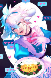 1boy alternate_costume animal_ears black_collar bow bowtie collar crossdressing danganronpa_(series) danganronpa_2:_goodbye_despair enmaided fake_animal_ears food green_shirt gunmetalrose hairband heart highres holding holding_plate komaeda_nagito maid omelet omurice pink_bow pink_bowtie plate puffy_short_sleeves puffy_sleeves saliva shirt short_sleeves smile solo spoken_heart teeth upper_body upper_teeth_only white_background