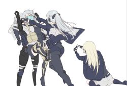 4girls ak-12_(girls&#039;_frontline) ak-15_(girls&#039;_frontline) an-94_(girls&#039;_frontline) artist_request black_gloves blonde_hair braid breasts cy9 defy_(girls&#039;_frontline) facing_away girls&#039;_frontline gloves grey_hair hair_ribbon jacket jacket_on_shoulders long_hair long_sleeves mask mouth_mask multiple_girls pants pouch ribbon rpk-16_(girls&#039;_frontline) shorts simple_background sitting surgical_mask thighhighs uid:41624170 wariza white_background wide_sleeves