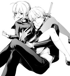 Rule 34 | 1boy, 1girl, ahoge, angry, artoria pendragon (fate), blush, breasts, bun with braided base, capsule servant, carrying, cheek-to-breast, clenched hand, closed mouth, commentary request, crossed legs, embarrassed, face to breasts, fate/stay night, fate (series), feet out of frame, gilgamesh (fate), gilgamesh (immoral biker jacket) (fate), grabbing another&#039;s breast, greyscale, groping, hair bun, hand on another&#039;s chest, hetero, holding, holding sword, holding weapon, invisible chair, jacket, katana, kneehighs, long sleeves, looking at viewer, master artoria, medium breasts, midriff peek, miniskirt, molestation, monochrome, open clothes, open jacket, pants, pleated skirt, princess carry, saber (fate), sailor collar, sailor shirt, school uniform, serafuku, shirt, shoes, short hair, sidelocks, siiqa vivi, simple background, single hair bun, sitting, skirt, socks, spread legs, sweatdrop, sword, thighs, turning head, updo, v-shaped eyebrows, very short hair, weapon, white background, winter uniform