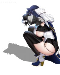 1girl absurdres ankle_boots artist_name black_shirt black_skirt black_thighhighs blue_boots blue_hair boots breasts chain chain_headband commentary covering_face cropped_shirt crossed_arms detached_sleeves english_commentary frilled_skirt frilled_sleeves frills from_side full_body hair_intakes half-skirt high_heels highres hololive hololive_english juliet_sleeves large_breasts long_sleeves lyusiola medium_hair miniskirt ouro_kronii ouro_kronii_(1st_costume) photo-referenced pinstripe_pattern pinstripe_shirt pinstripe_skirt puffy_sleeves sailor_collar shadow_puppet shirt sideboob sidelocks skirt sleeveless sleeveless_shirt solo squatting thighhighs underboob veil w white_background white_shirt white_veil