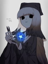 1girl absurdres black_eyes black_hair black_headwear black_kimono black_shirt blunt_bangs blunt_ends clippers creepy_eyes empty_eyes fate/grand_order fate_(series) flower flower_knot glowing_flower gradient_hair haori high_collar highres holding ituki japanese_clothes kimono looking_at_viewer morning_glory multicolored_hair pale_skin parted_lips sen_no_rikyu_(fate) sen_no_rikyu_(second_ascension)_(fate) shadow shirt solo taut_clothes taut_shirt upper_body white_background white_hair white_kimono