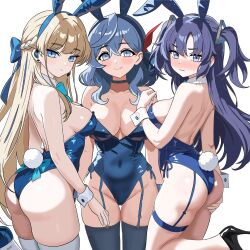 3girls absurdres ako_(blue_archive) alternate_costume animal_ears aqua_bow ass blue_archive blue_hairband blue_halo blue_leotard bow commission detached_collar earpiece fake_animal_ears fake_tail garter_straps gubee hairband halo highleg highleg_leotard highres leotard long_hair looking_at_viewer multiple_girls official_alternate_costume pixiv_commission playboy_bunny purple_eyes purple_hair rabbit_ears rabbit_tail standing standing_on_one_leg strapless strapless_leotard tail toki_(blue_archive) toki_(bunny)_(blue_archive) white_wrist_cuffs wrist_cuffs yuuka_(blue_archive)