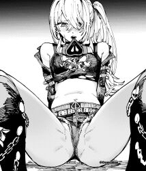 1girl belt boots breasts crop_top eyes_visible_through_hair greyscale hair_between_eyes hair_over_one_eye highres jacket knee_boots light_blush long_hair looking_at_viewer luciana_de_montefio mask mask_around_neck midriff monochrome navel open_mouth otimusyairoha short_shorts shorts side_ponytail simple_background sitting sleeve_belt small_breasts solo spade_(shape) spread_legs sweatdrop thighs twitter_username zenless_zone_zero