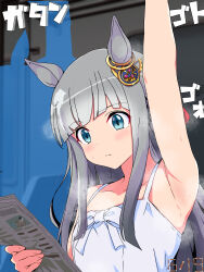 1girl alternate_costume armpit_focus armpits blue_eyes blush breasts casual chrono_genesis_(umamusume) closed_mouth collarbone commentary_request dated hair_between_eyes hair_ornament highres holding holding_newspaper horse_girl looking_at_viewer newspaper reading shiroshitogi small_breasts solo sweat sweatdrop train_interior umamusume