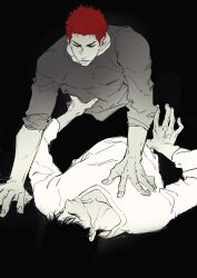 2boys arm_support black_background black_hair chimmyming collarbone crew_neck eye_contact greyscale hand_on_another&#039;s_chest highres long_sleeves looking_at_another lying male_focus monochrome multiple_boys on_back parted_lips red_hair rukawa_kaede sakuragi_hanamichi shirt short_sideburns simple_background slam_dunk_(series) sleeves_rolled_up smile spot_color
