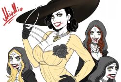 4girls alcina_dimitrescu black_gloves black_hair blonde_hair blood blood_on_face breasts brown_hair cleavage dress earrings flower gloves grin hand_on_own_hip hat hood jewelry kamoen large_breasts lipstick long_hair looking_at_viewer makeup multiple_girls necklace pale_skin pearl_necklace resident_evil sketch smile sun_hat yellow_eyes