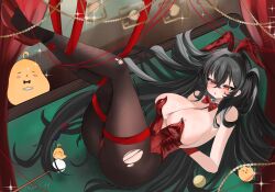 1girl absurdres azur_lane bare_arms bare_shoulders black_hair black_pantyhose blush bound bound_arms bound_legs breasts cleavage crossed_bangs hair_between_eyes hairband high_heels highres large_breasts leotard long_hair looking_at_viewer nari_bao official_alternate_costume pantyhose parted_lips red_eyes red_hairband red_leotard red_shoes shoes sidelocks solo strapless strapless_leotard taihou_(azur_lane) taihou_(fun_on_the_baize)_(azur_lane) torn_clothes torn_pantyhose very_long_hair