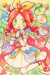 Rule 34 | 1girl, :o, ahoge, andou ringo, andou ringo (princess), apple hair ornament, artistic error, bad anatomy, bad hands, blue cardigan, bow, bow button, cape, cardigan, cowboy shot, day, drill hair, flower, food, food-themed hair ornament, forest, fruit, gloves, grass, green eyes, hair bow, hair ornament, high heels, holding, holding food, holding fruit, hurin1192, kitten heels, knee up, light blush, long hair, looking to the side, middle part, nature, no pupils, official alternate costume, open mouth, outdoors, outline, pantyhose, pink cape, puffy short sleeves, puffy sleeves, pumps, puyo (puyopuyo), puyopuyo, puyopuyo quest, red footwear, red hair, short sleeves, sideways glance, signature, skirt, solo, split mouth, traditional media, tree, twin drills, two-handed, two-sided cape, two-sided fabric, white cape, white gloves, white outline, white pantyhose, white skirt, wrist bow, wrong hand, yellow bow, yellow trim