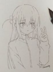 1girl art_tools_in_frame bent_v blush bocchi_the_rock! cropped_torso cube_hair_ornament dot_nose gotoh_hitori h_(eitilog) hair_between_eyes hair_ornament hand_up highres jacket long_hair long_sleeves monochrome one_side_up photo_(medium) sketch solo track_jacket traditional_media twitter_username upper_body v